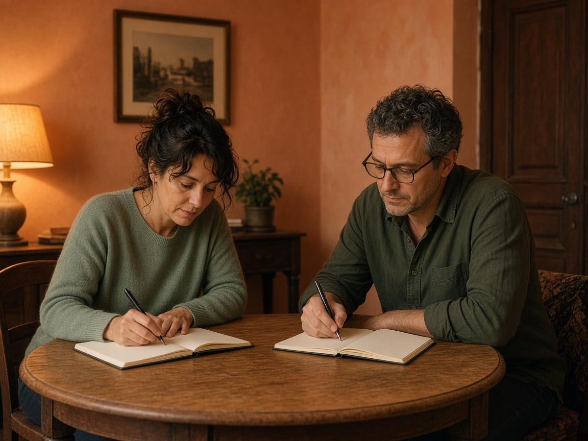 Chiara e Luca al tavolo, quaderni aperti